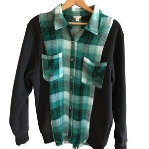 Upcycled Flannel Shirt Green Plaid Spliced Sweatshirt Button-Down Sweater Size M